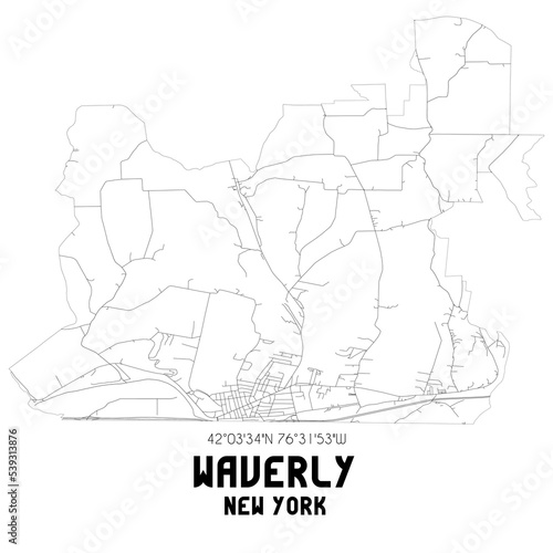 Waverly New York. US street map with black and white lines.