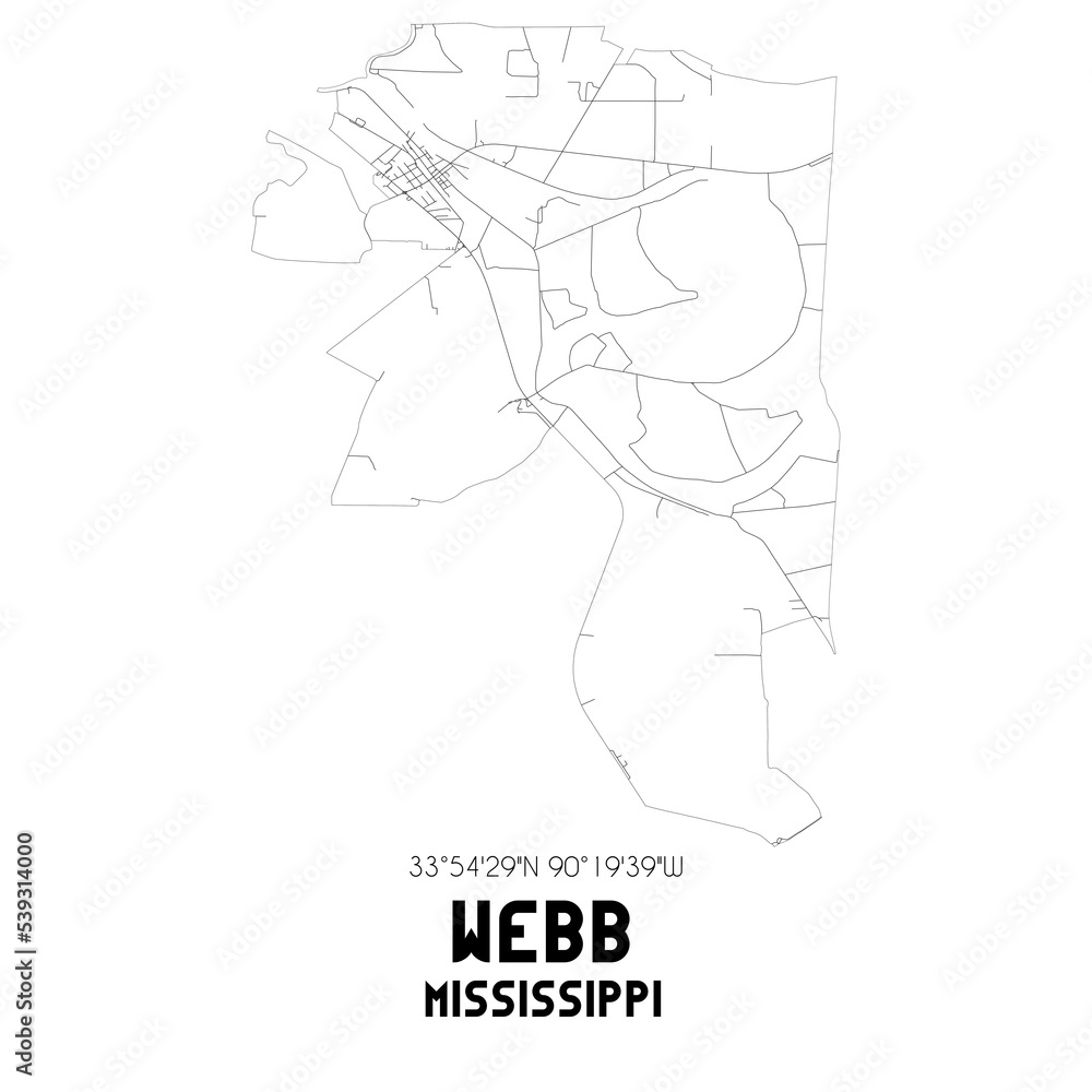 Webb Mississippi. US street map with black and white lines.