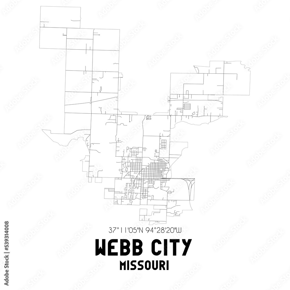 Webb City Missouri. US street map with black and white lines.