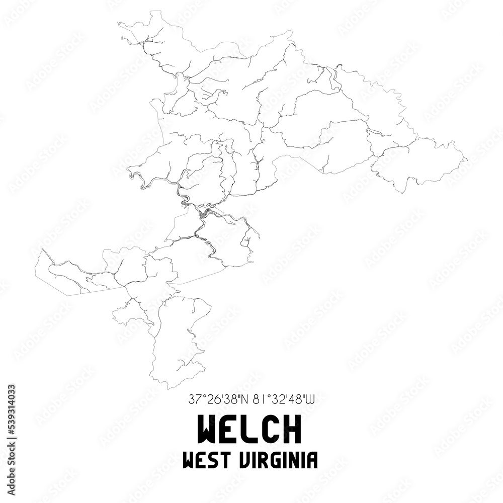 Welch West Virginia. US street map with black and white lines.