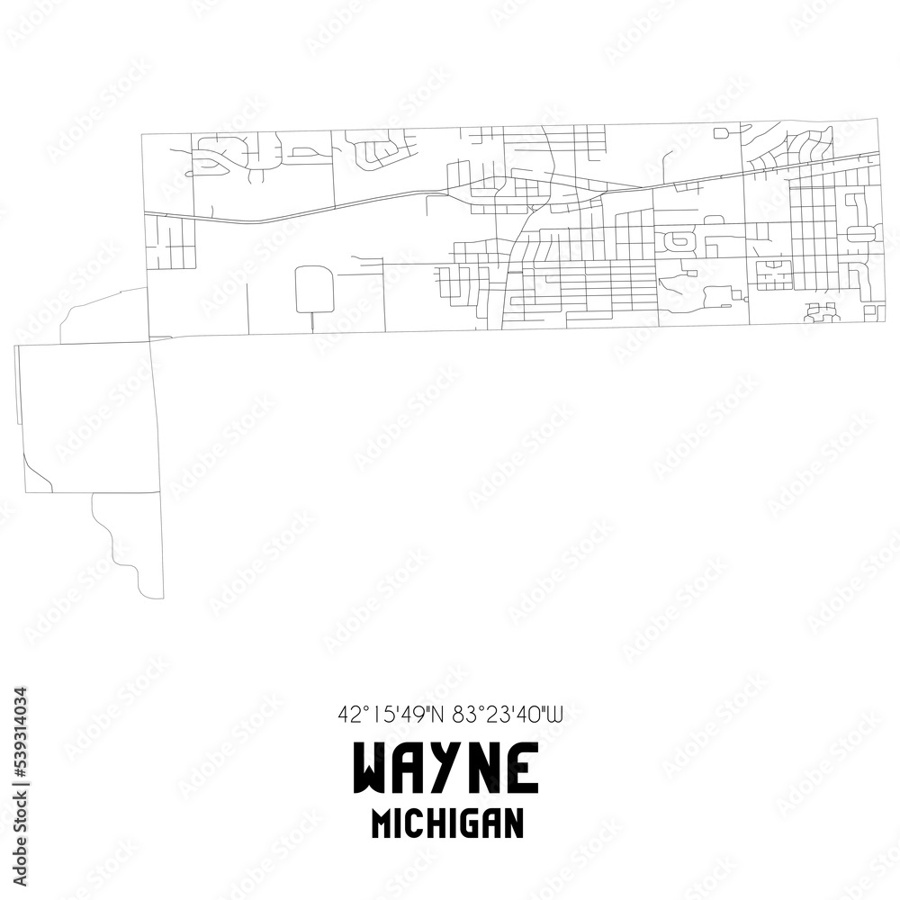 Wayne Michigan. US street map with black and white lines.