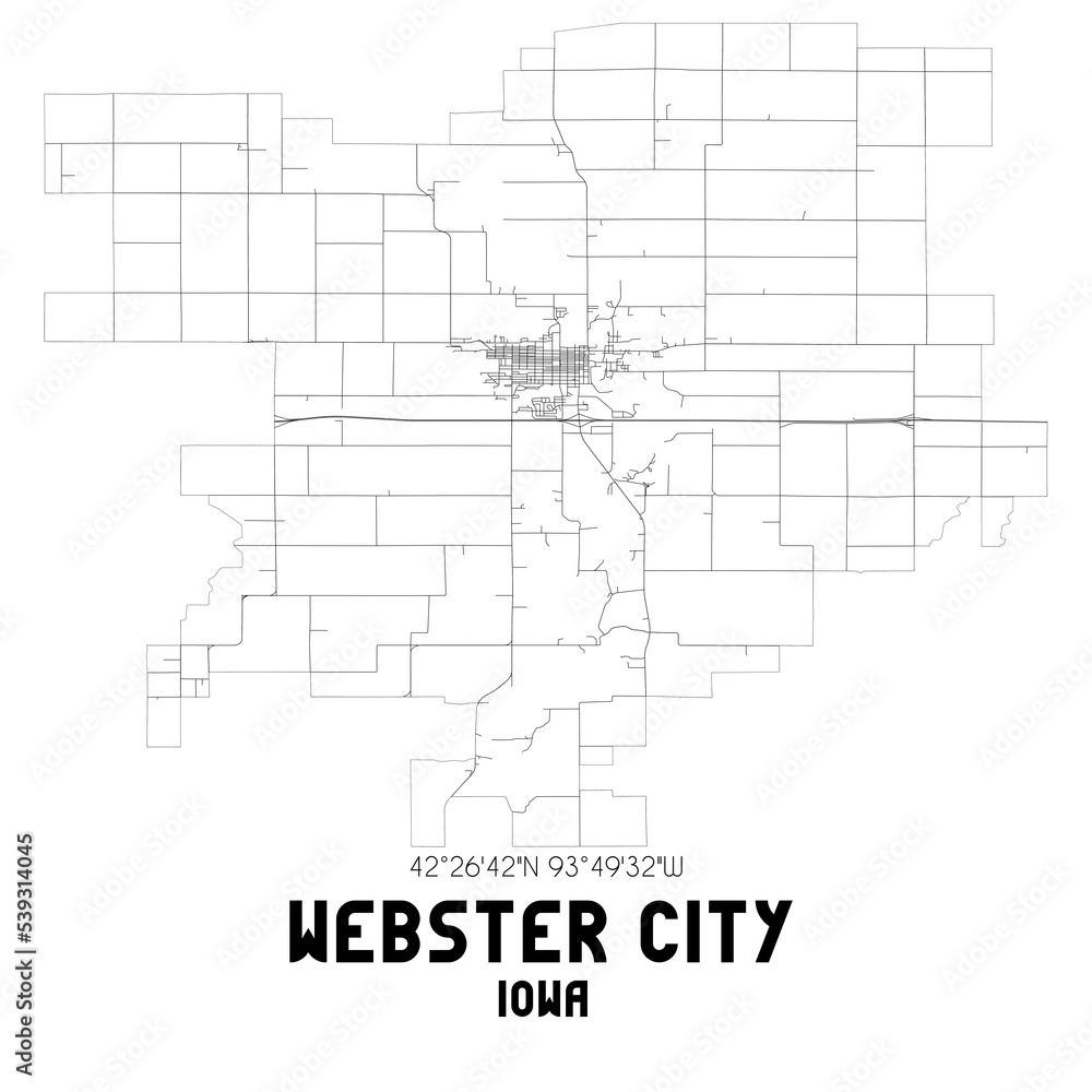 Webster City Iowa. US street map with black and white lines.