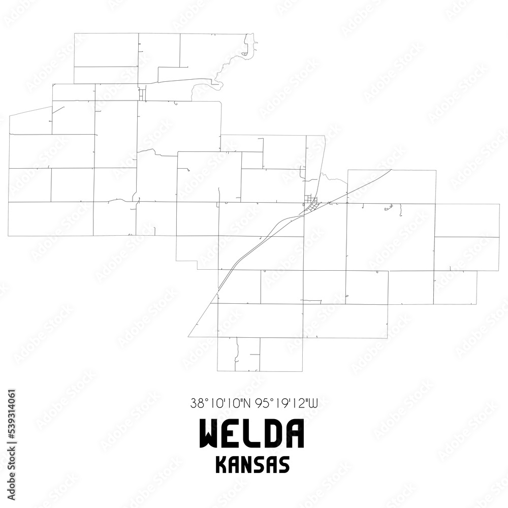 Welda Kansas. US street map with black and white lines.