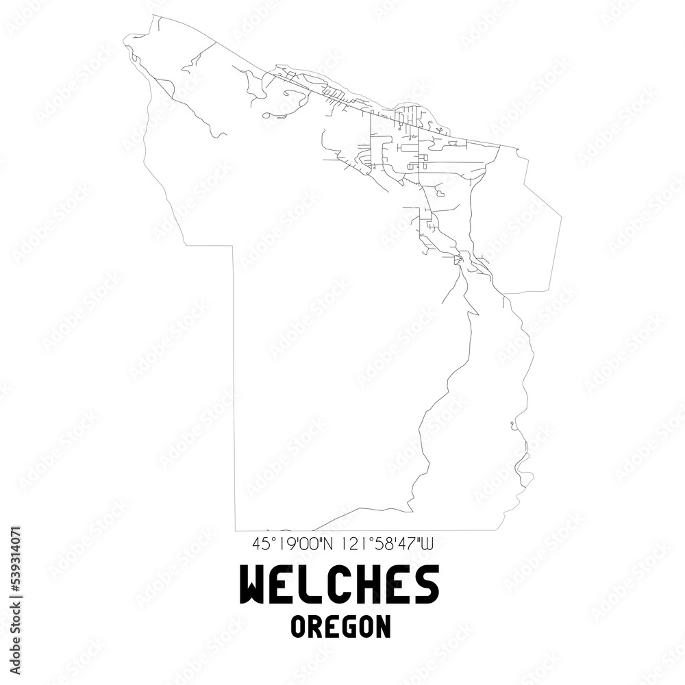 Welches Oregon. US street map with black and white lines.