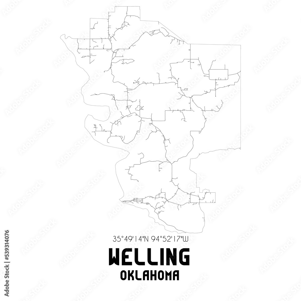 Welling Oklahoma. US street map with black and white lines.