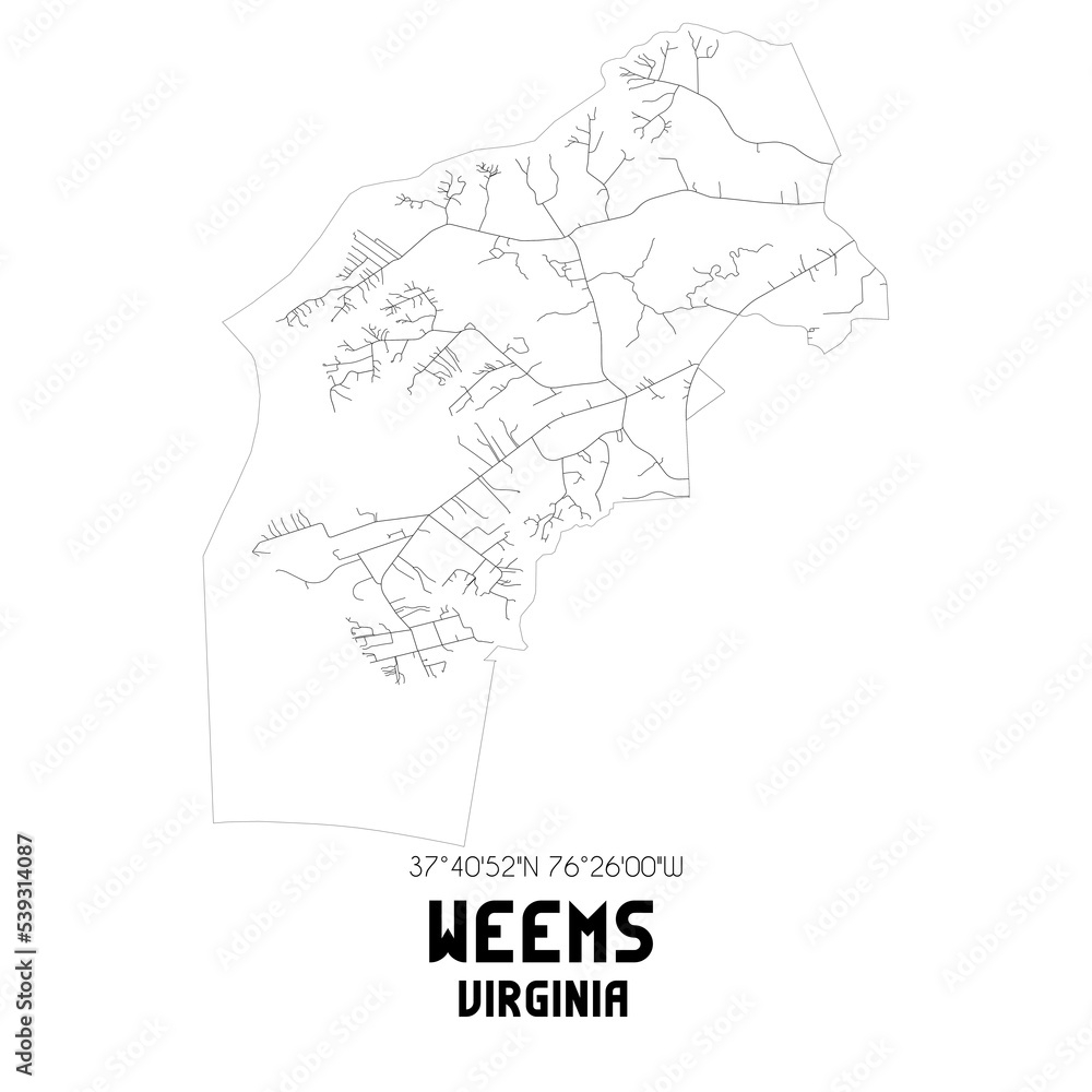 Weems Virginia. US street map with black and white lines.