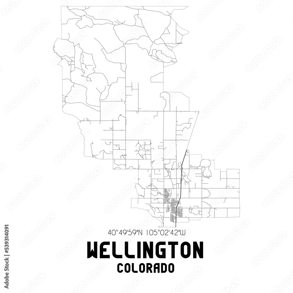 Wellington Colorado. US street map with black and white lines.