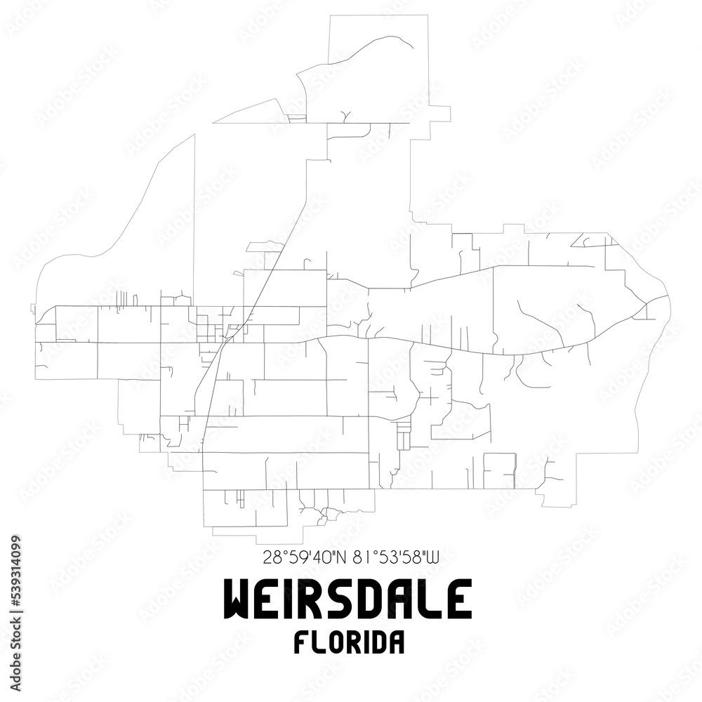 Weirsdale Florida. US street map with black and white lines.