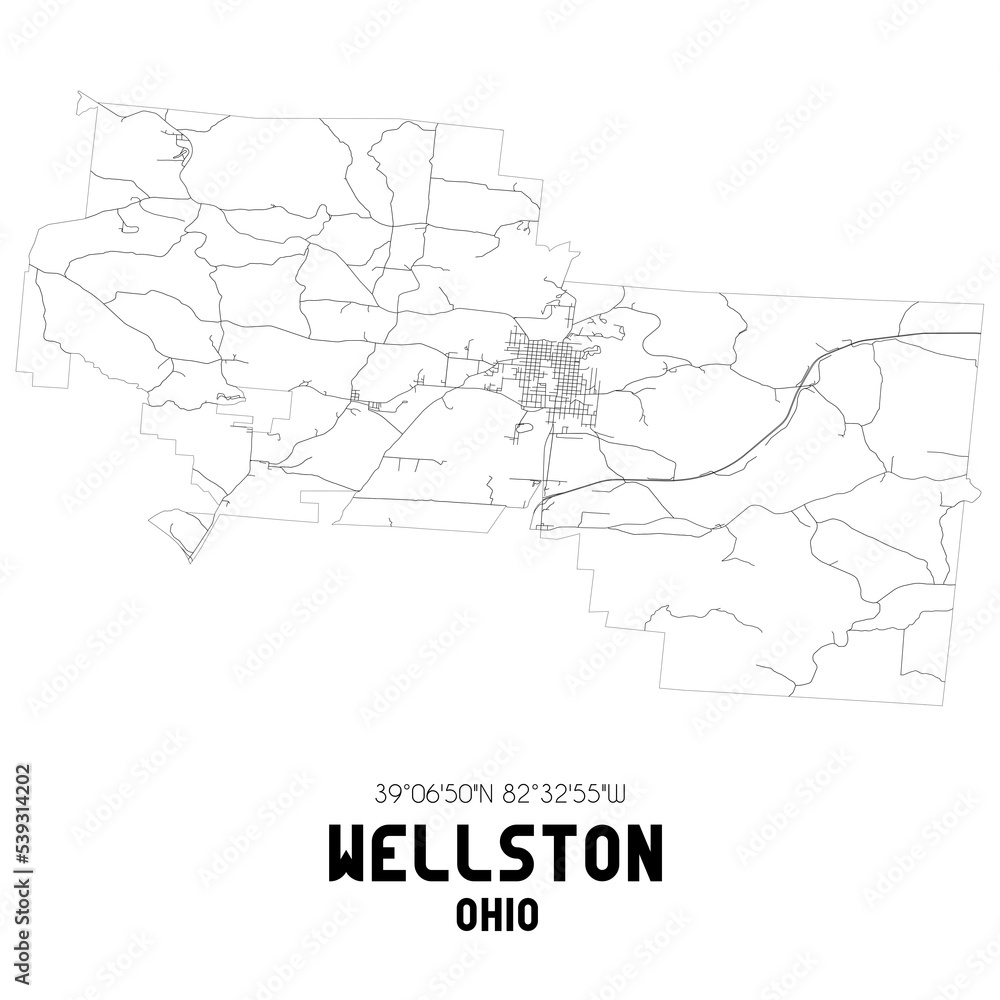 Wellston Ohio. US street map with black and white lines.