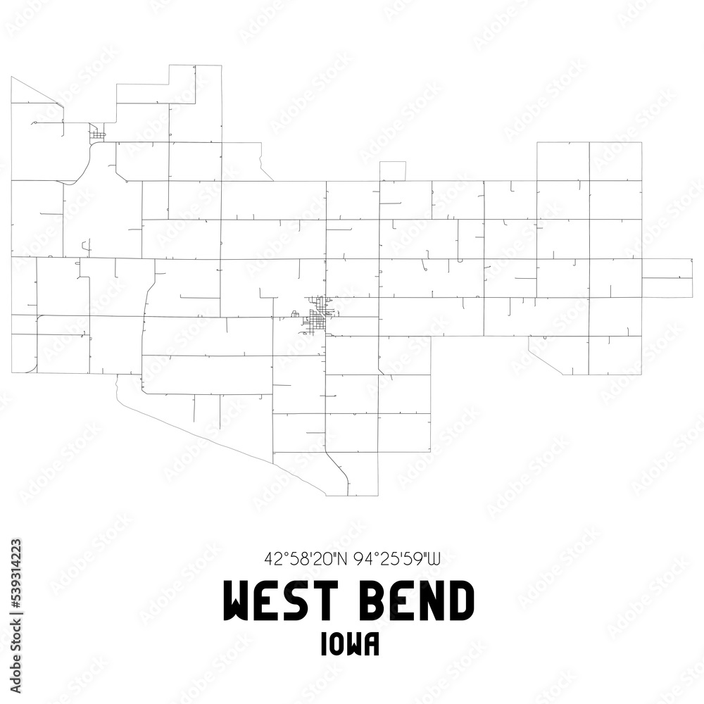 West Bend Iowa. US street map with black and white lines.