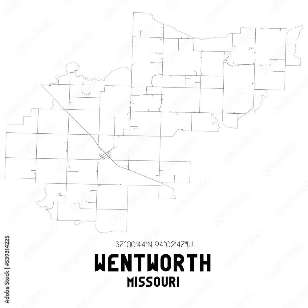 Wentworth Missouri. US street map with black and white lines.