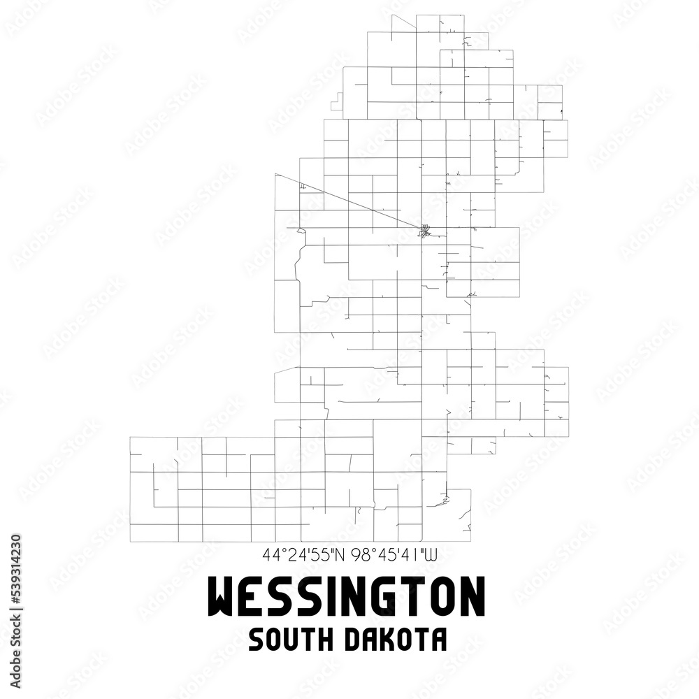 Wessington South Dakota. US street map with black and white lines.