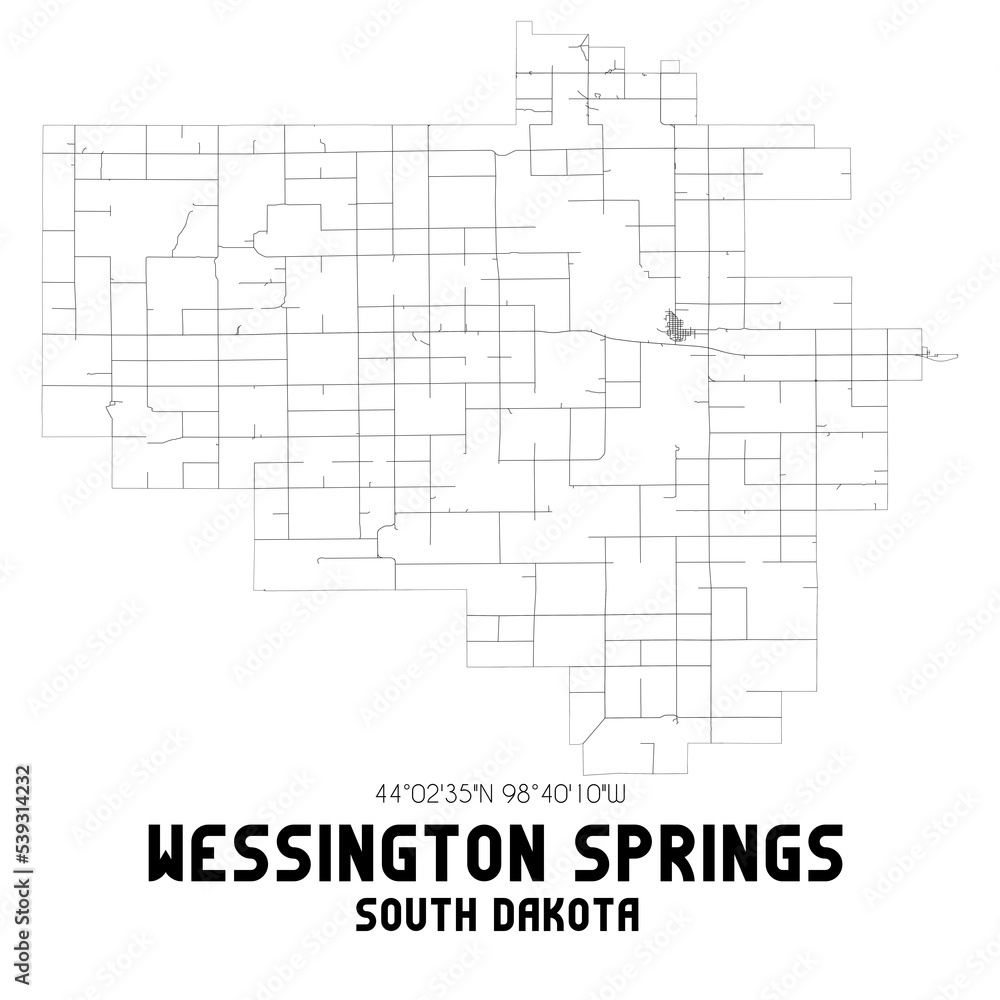 Wessington Springs South Dakota. US street map with black and white lines.