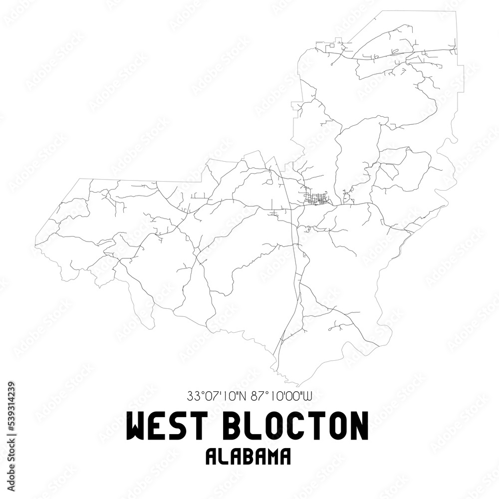 West Blocton Alabama. US street map with black and white lines.