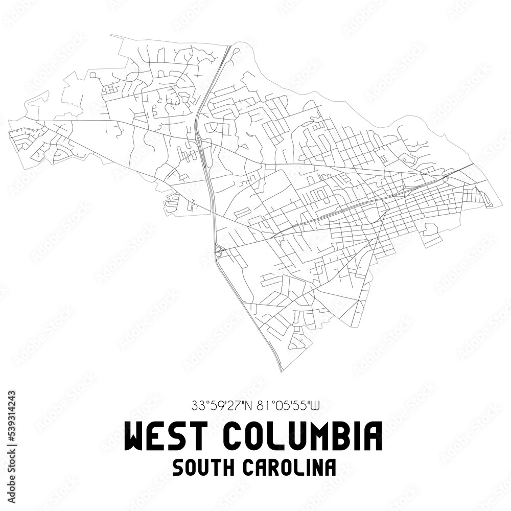 West Columbia South Carolina. US street map with black and white lines.