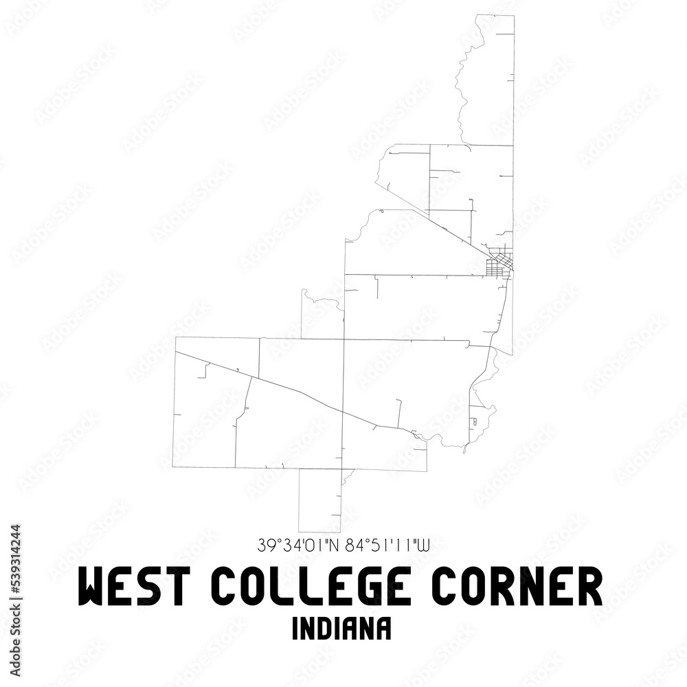 West College Corner Indiana. US street map with black and white lines.