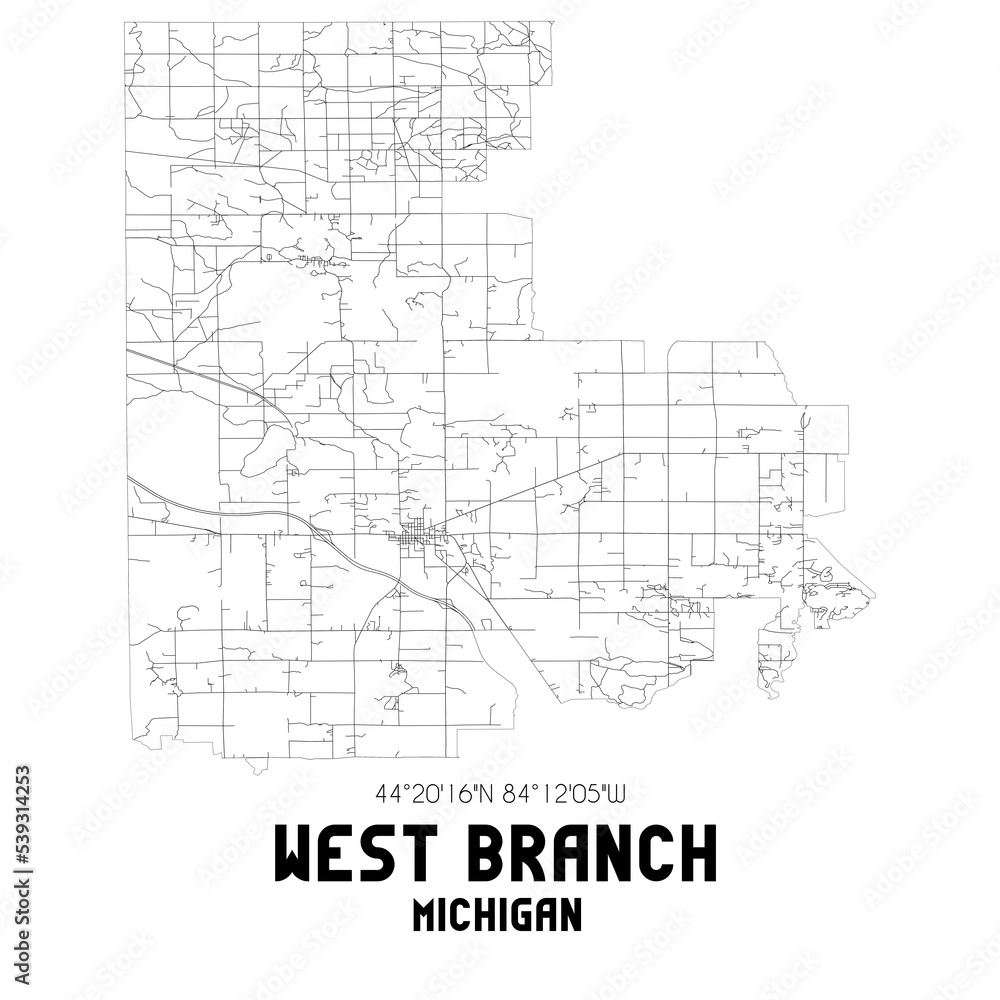 West Branch Michigan. US street map with black and white lines.