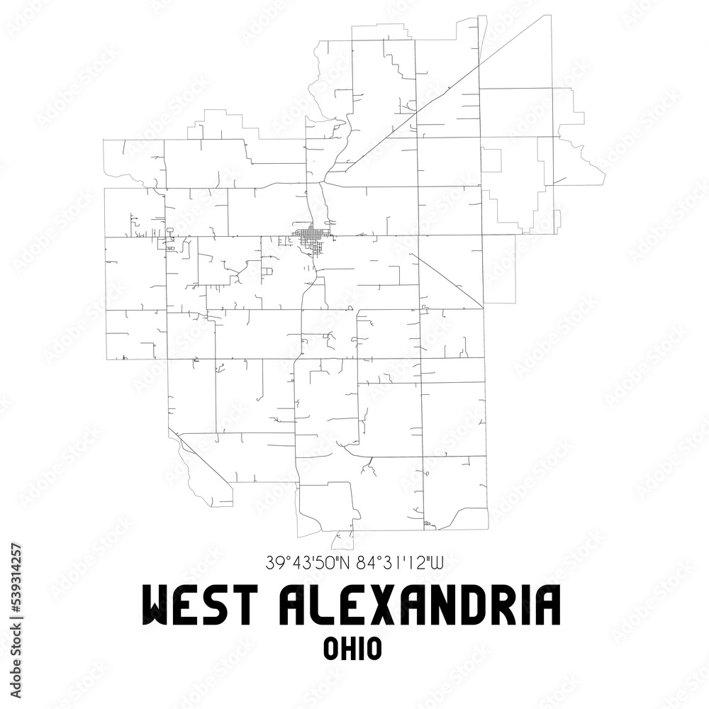West Alexandria Ohio. US street map with black and white lines.