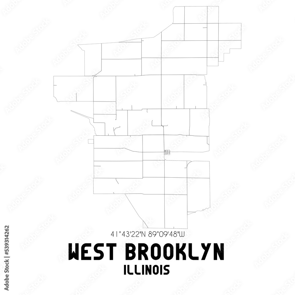 West Brooklyn Illinois. US street map with black and white lines.
