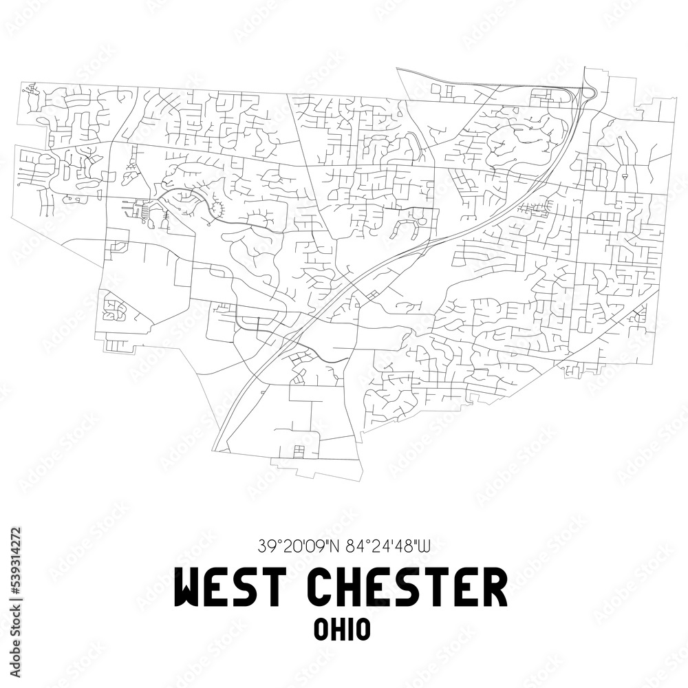 West Chester Ohio. US street map with black and white lines.
