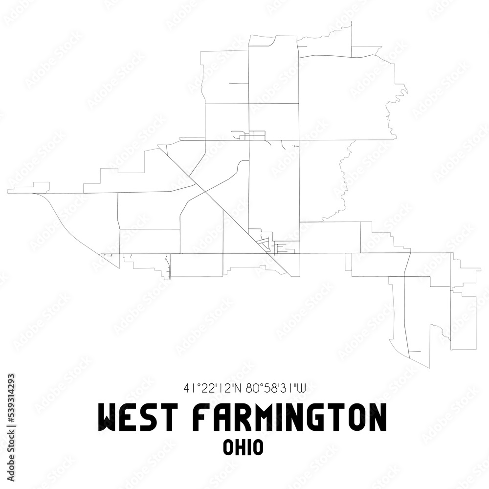 West Farmington Ohio. US street map with black and white lines.