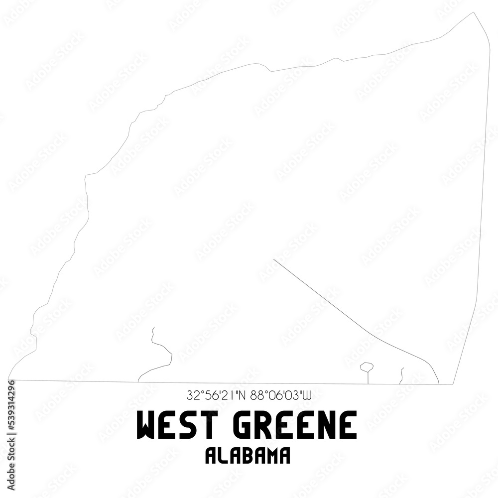 West Greene Alabama. US street map with black and white lines.