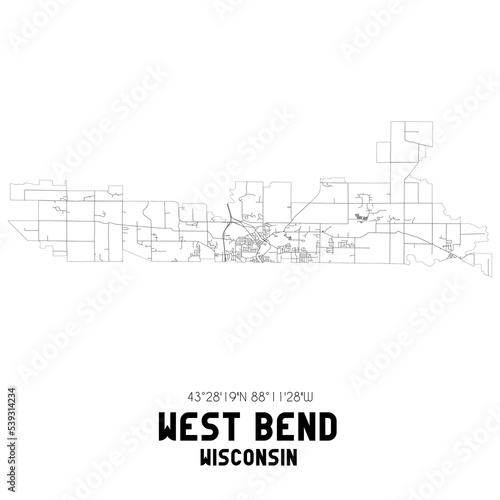 West Bend Wisconsin. US street map with black and white lines.