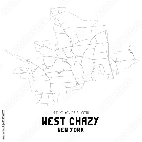 West Chazy New York. US street map with black and white lines.