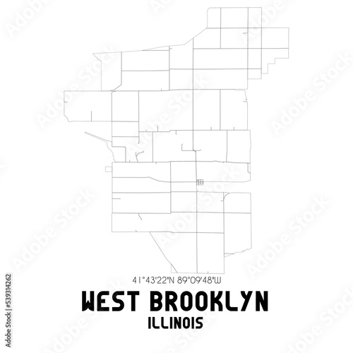 West Brooklyn Illinois. US street map with black and white lines.