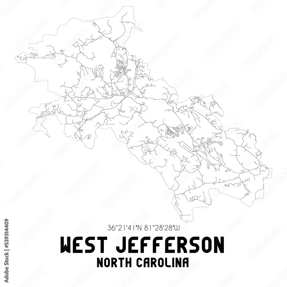 West Jefferson North Carolina. US street map with black and white lines.