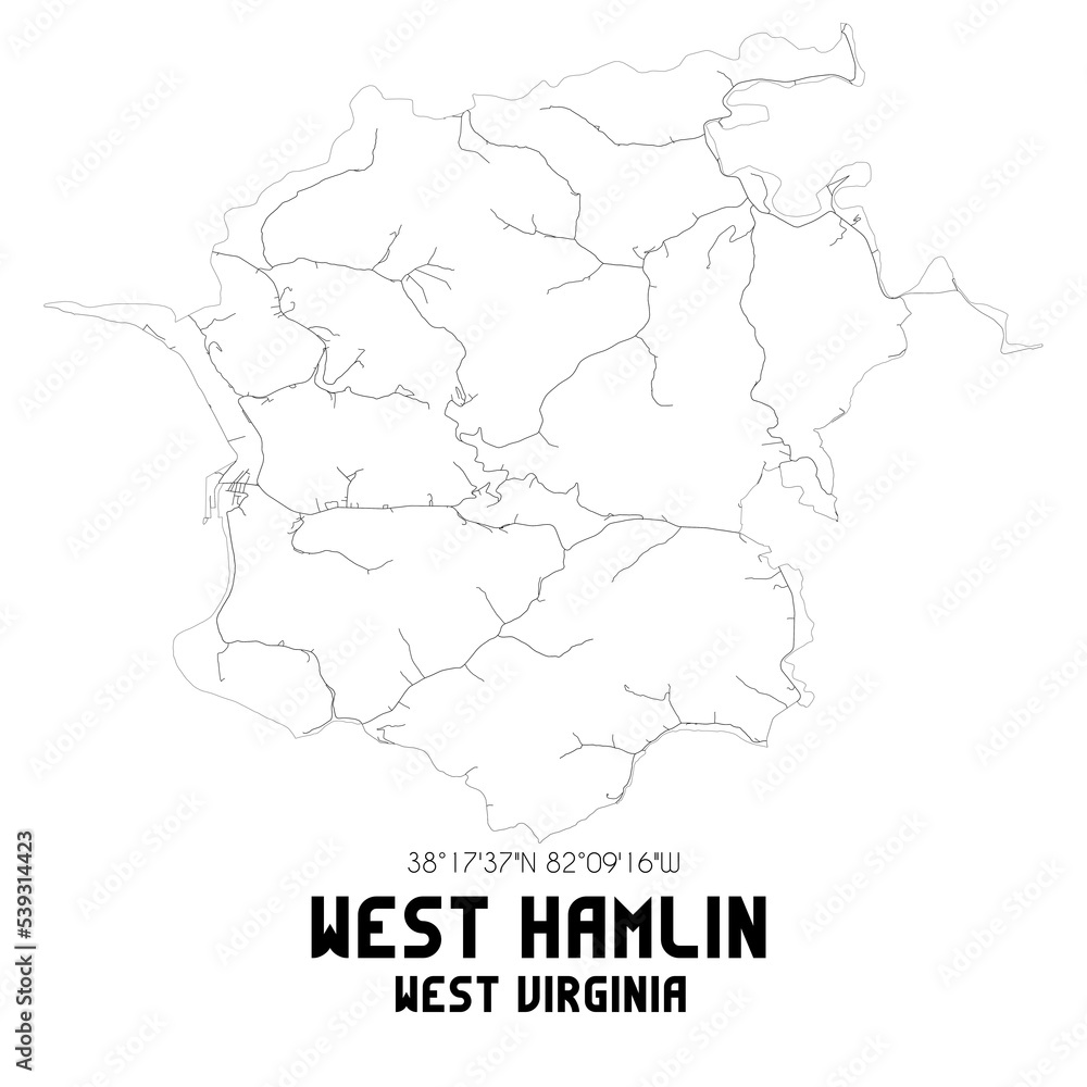 West Hamlin West Virginia. US street map with black and white lines.