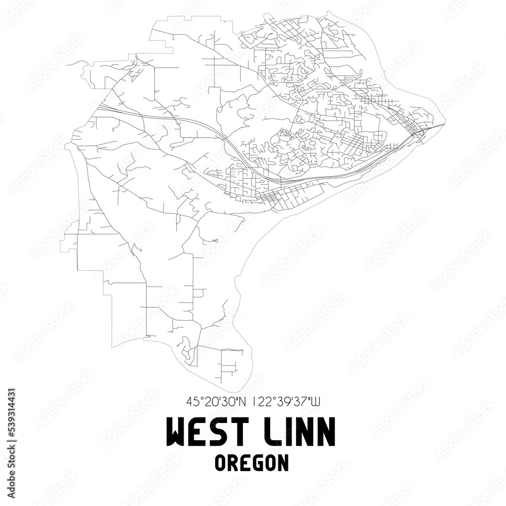 West Linn Oregon. US street map with black and white lines.