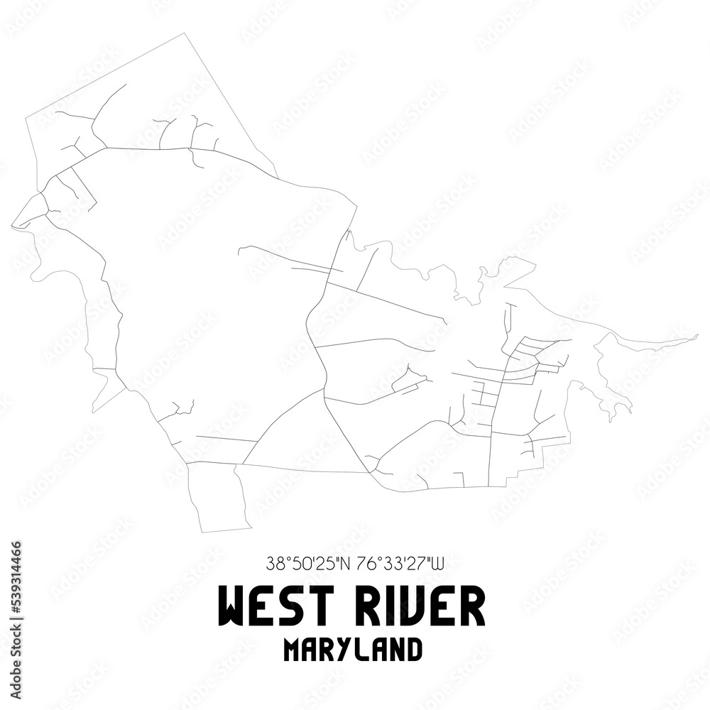 West River Maryland. US street map with black and white lines. West River Maryland. US street map with black and white lines.