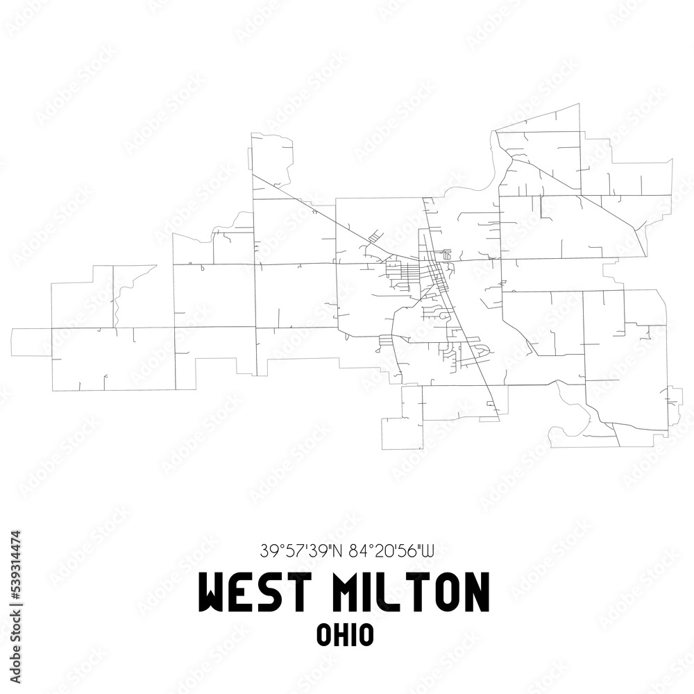 West Milton Ohio. US street map with black and white lines. West Milton Ohio. US street map with black and white lines.