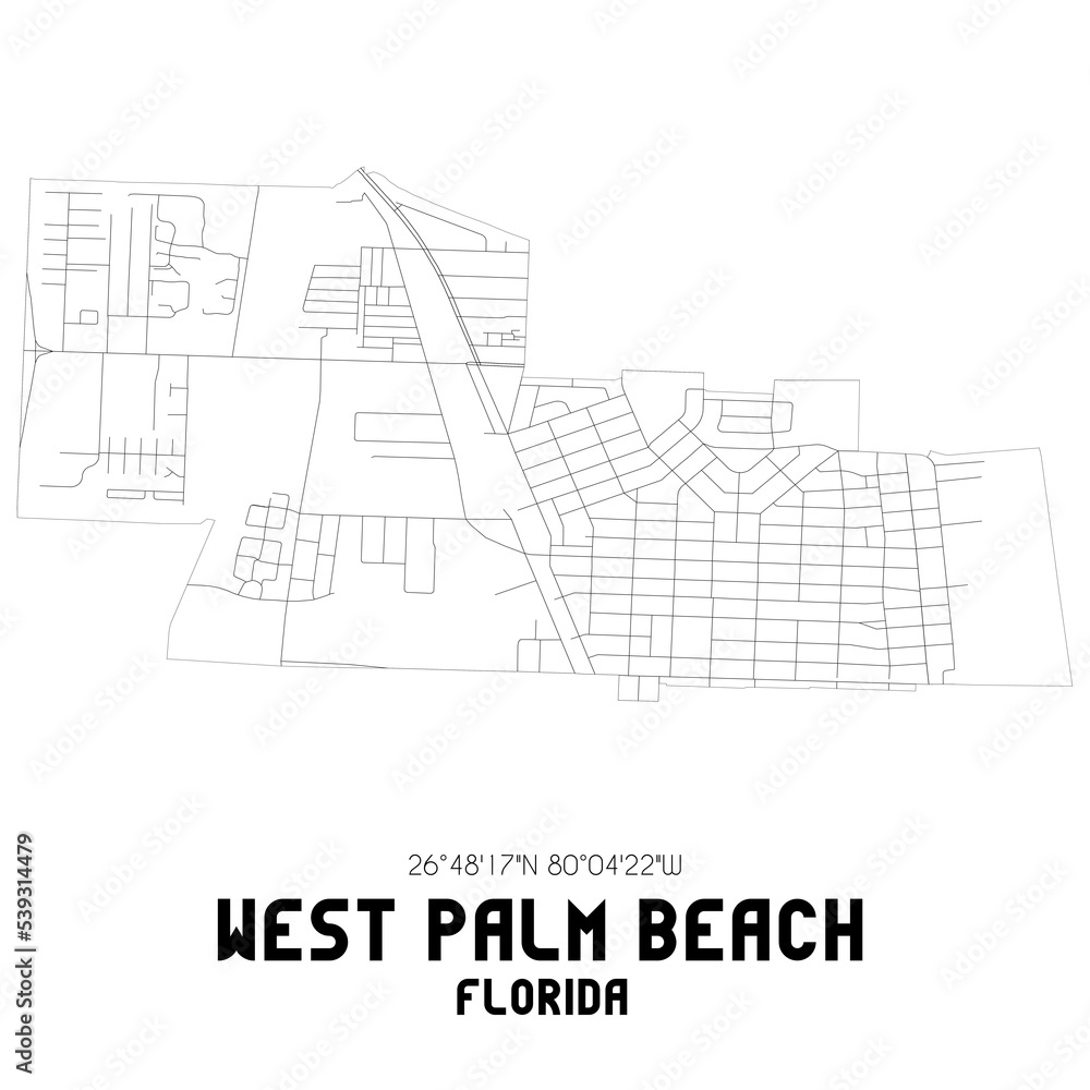 West Palm Beach Florida. US street map with black and white lines.