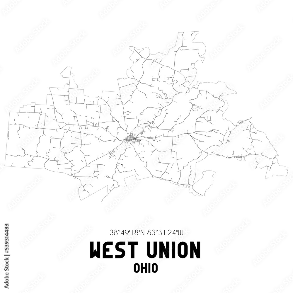 West Union Ohio. US street map with black and white lines.