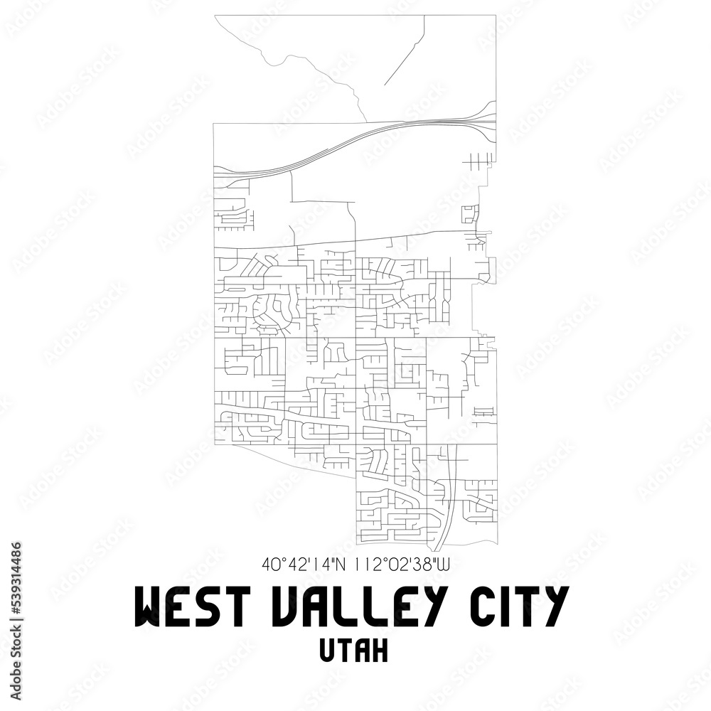 West Valley City Utah. US street map with black and white lines.