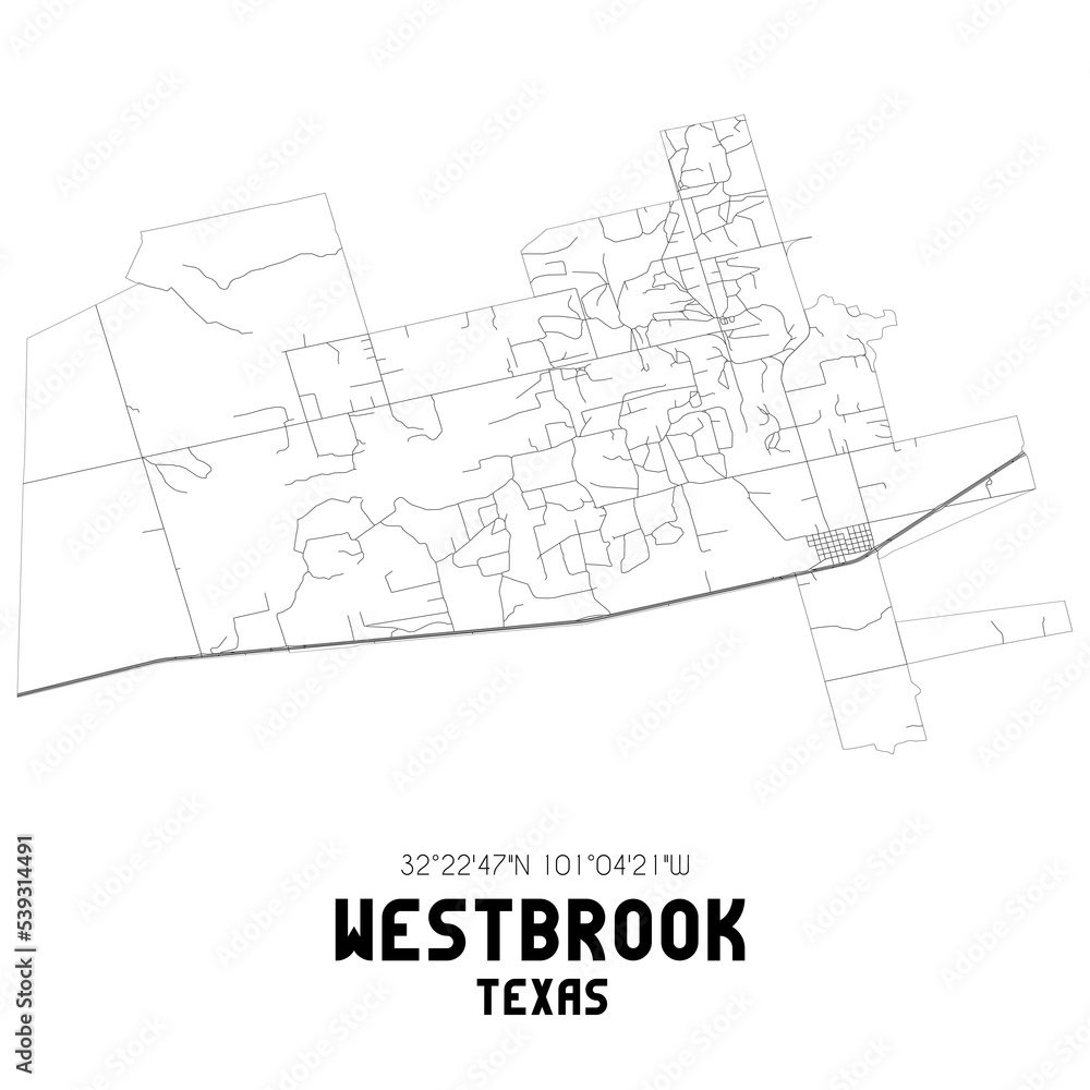 Westbrook Texas. US street map with black and white lines.
