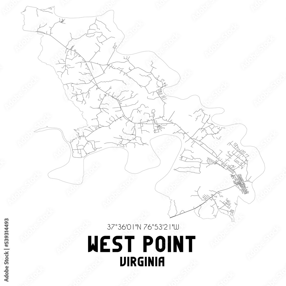West Point Virginia. US street map with black and white lines.