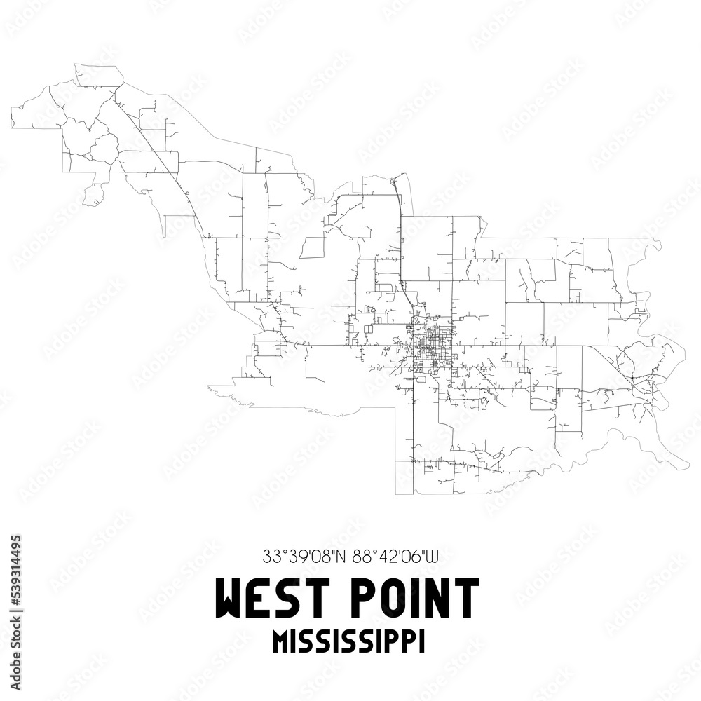 West Point Mississippi. US street map with black and white lines.