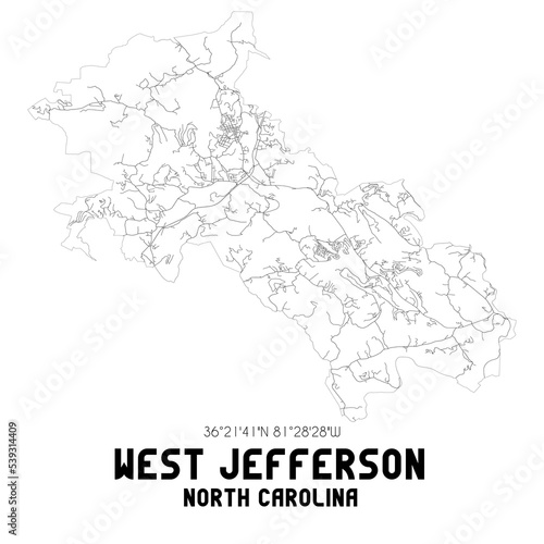 West Jefferson North Carolina. US street map with black and white lines.