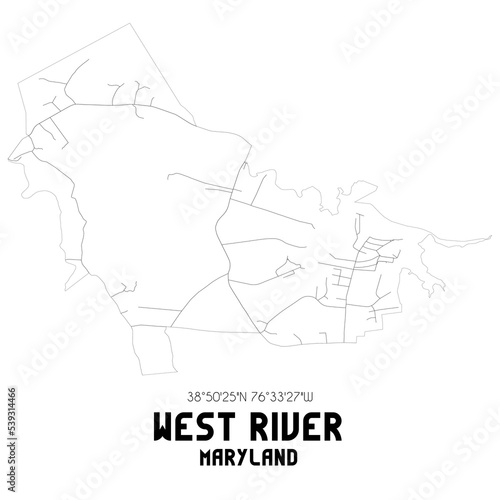 West River Maryland. US street map with black and white lines.
