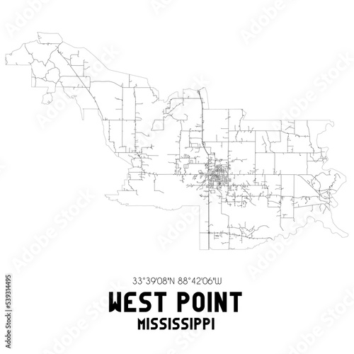 West Point Mississippi. US street map with black and white lines.