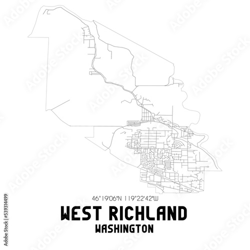 West Richland Washington. US street map with black and white lines.