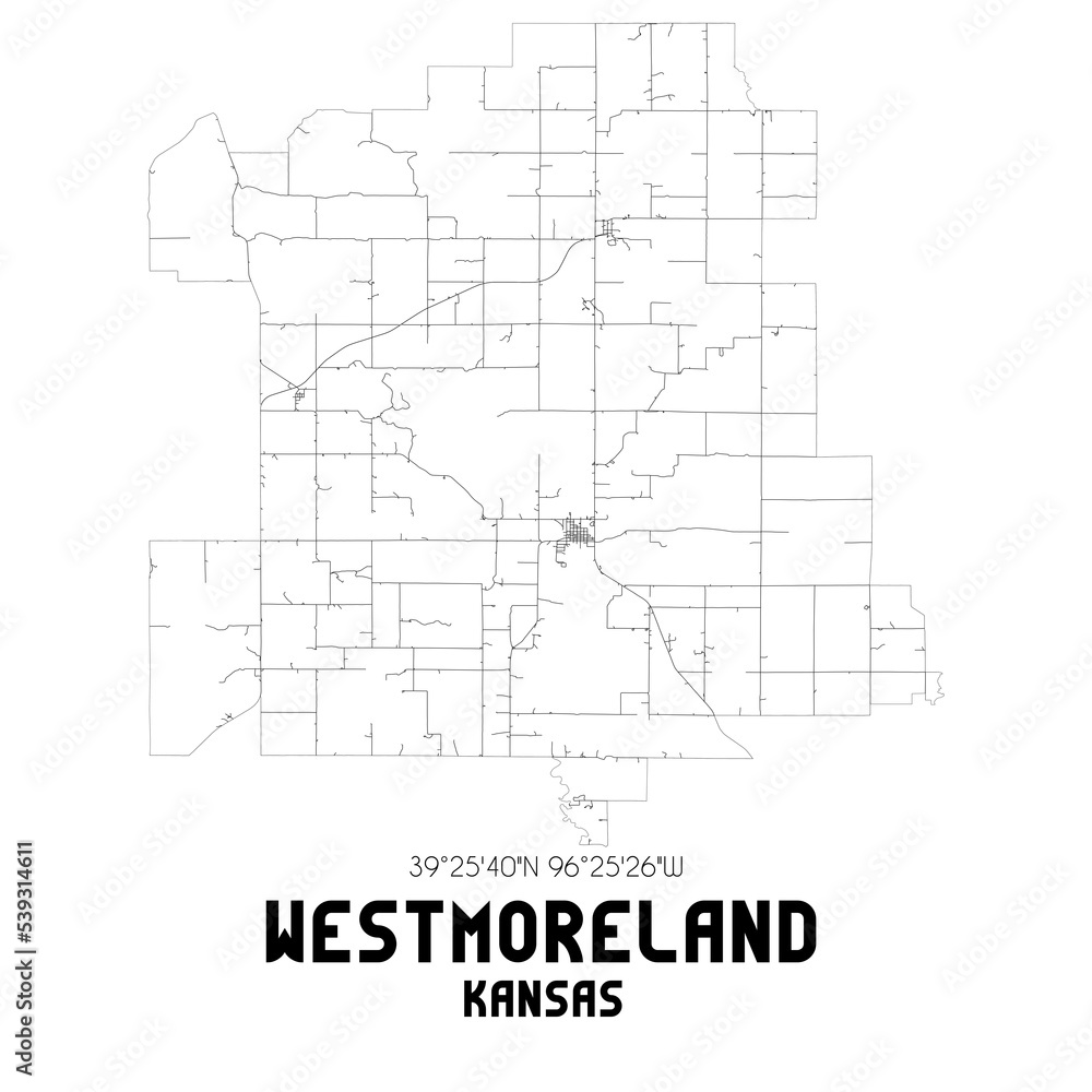 Westmoreland Kansas. US street map with black and white lines.