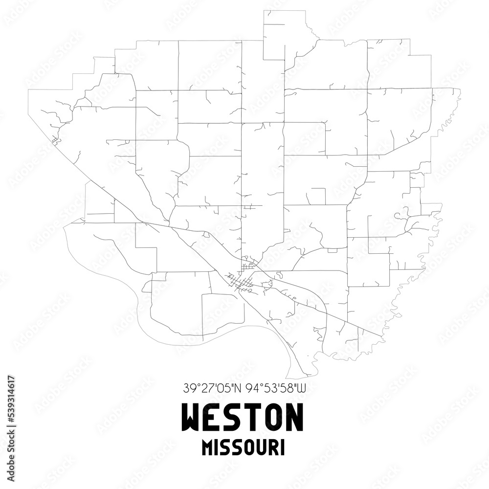 Weston Missouri. US street map with black and white lines.