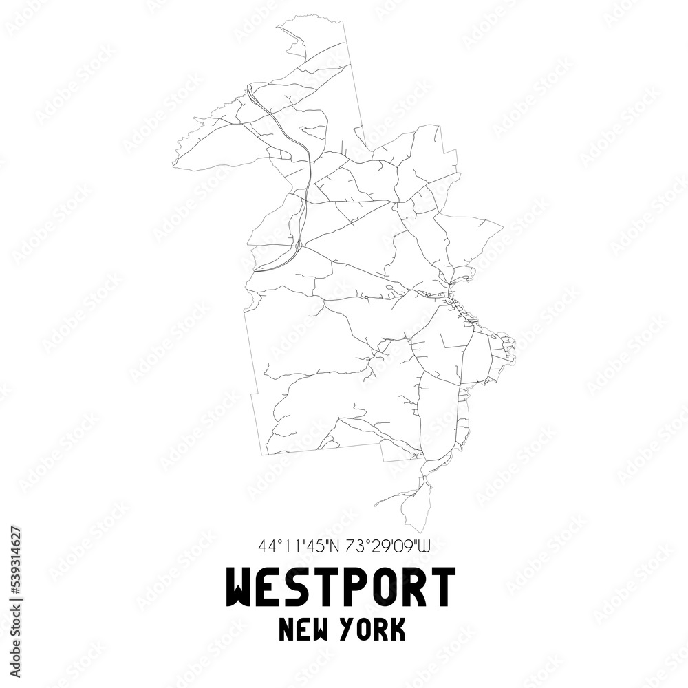 Westport New York. US street map with black and white lines.