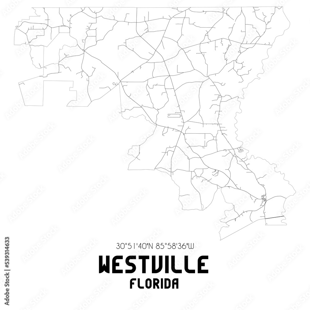 Westville Florida. US street map with black and white lines.