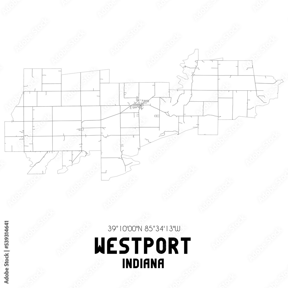 Westport Indiana. US street map with black and white lines.