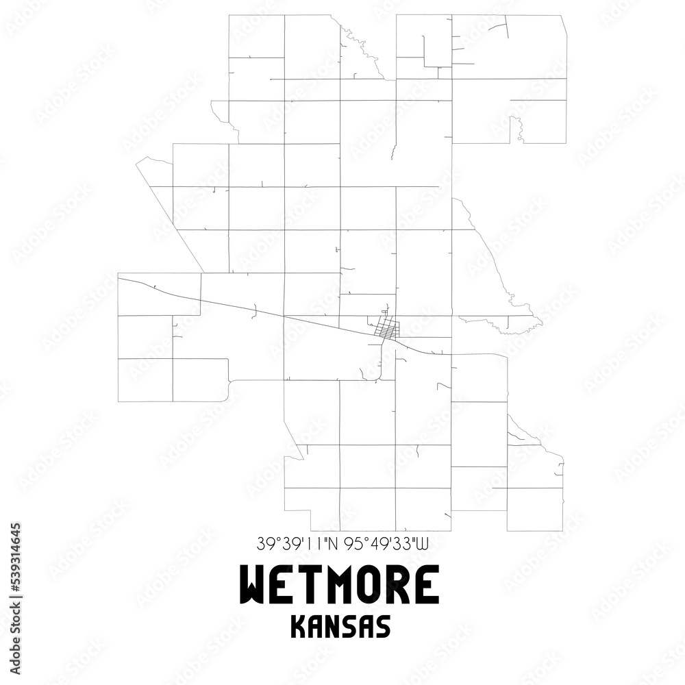 Wetmore Kansas. US street map with black and white lines.